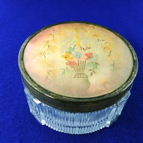Other - Trinket Powder Vanity Box Collectible Vintage Footed Art Deco Ribbed Glass Tulip